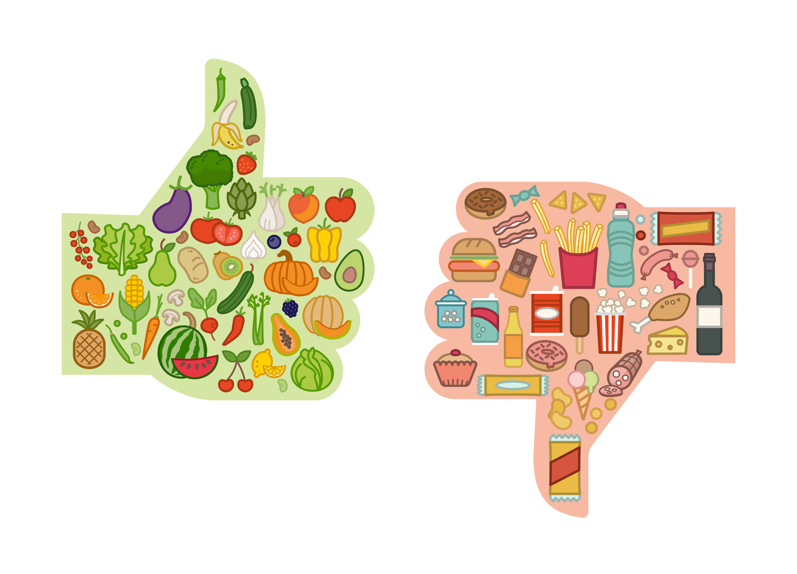Healthy fresh vegetables and unhealthy junk food comparison with thumbs up and down, healthy eating and diet concept