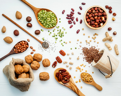 Bowls and spoons of various legumes and different kinds of nuts walnuts kernels ,hazelnuts, almond kernels,brown pinto ,soy beans ,flax seeds ,chia ,red kidney beans and pecan set up on white wooden table.