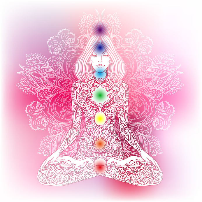 Woman ornate silhouette sitting in lotus pose. Meditation, aura and chakras. Vector illustration.