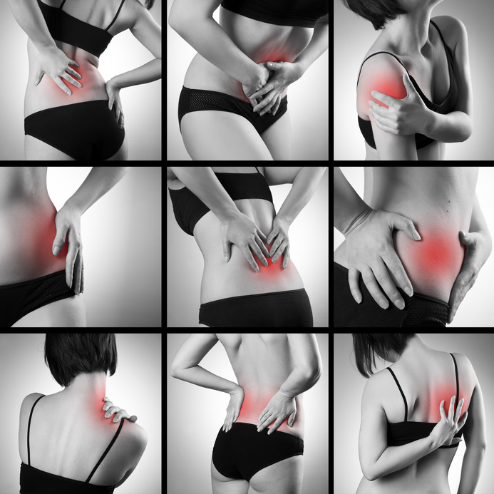 Pain in a woman's body on gray background. Collage of several photos